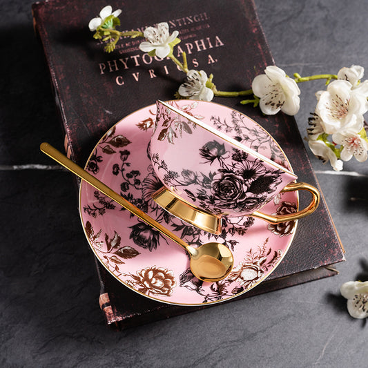 Four Seasons Gold Trim Bone China Coffee Cup & Saucer Set, European Luxury Afternoon Tea Set, Elegant Ceramic Mugs for Cappuccino and Latte, Vintage Floral Gift Box for Women
