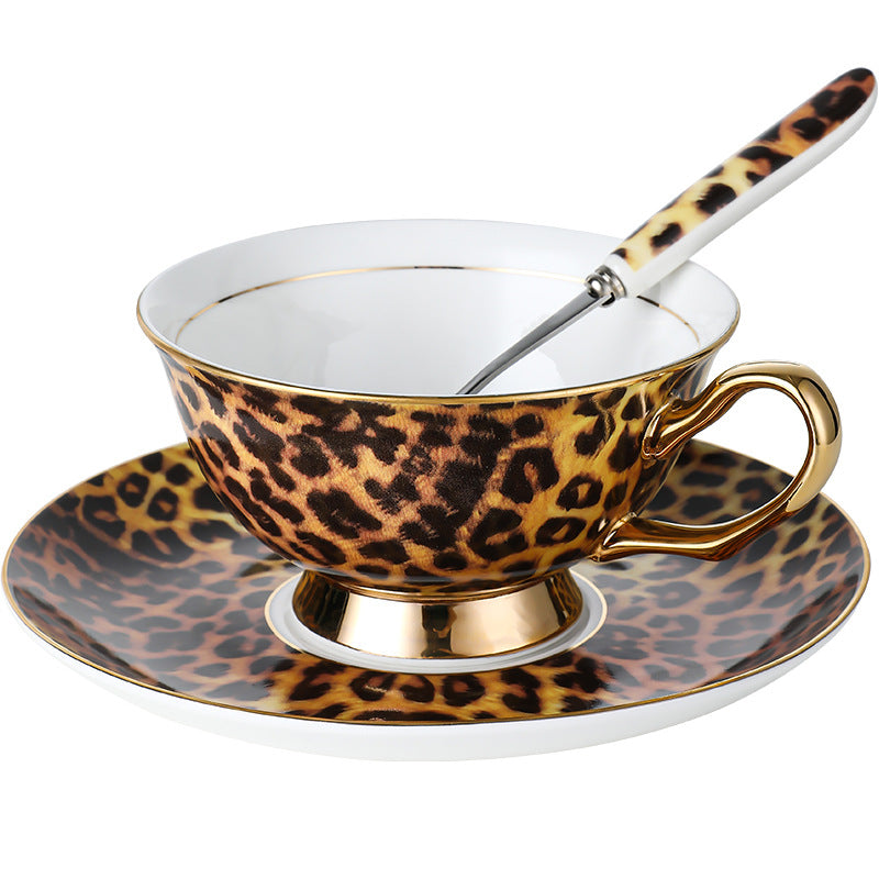 Vintage Leopard Print Bone China Coffee Cup & Saucer Set, Luxury Gold Trim Elegant Tea Set for Afternoon Tea, Retro Ceramic Mugs, Gift Box for Women, Housewarming & Party