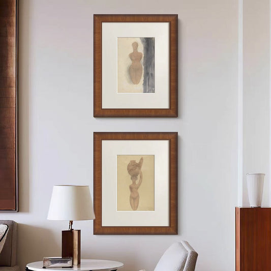 Solid Wood Frame  Vintage French Mid-Century Modern Wall Art - Russell Character Sketch Drawing, Solid Wood Framed Watercolor for Living Room, Abstract Portrait for Entryway, Wabi-Sabi Inspired Dining Room Decor, Ready to Hang Bedroom Gallery Art