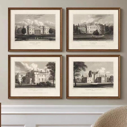 Solid Wood Frame French Chateau Estate Painting, European Castle Wall Art, Mid-Century Modern Architecture Wall Art for Living Room, Vintage Landscape Canvas Poster, Classic Manor Gallery Wall Set for Bedroom Hallway Study Decor