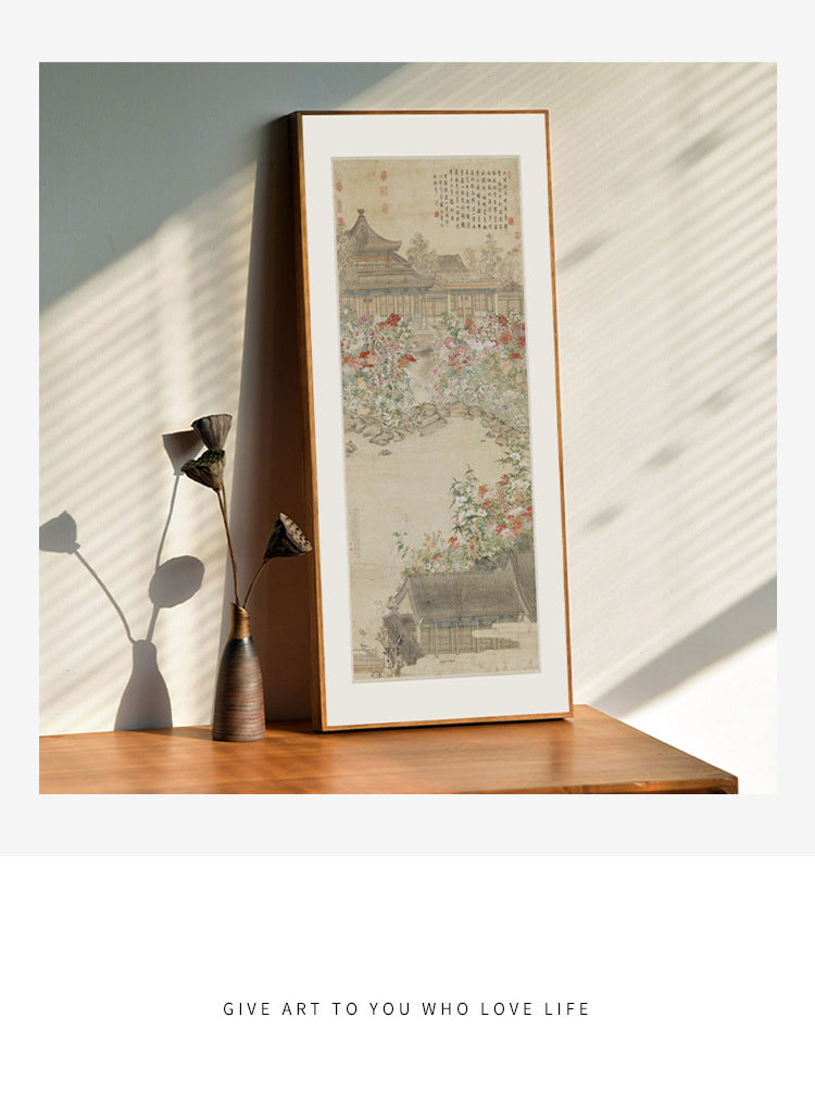 "Zhang Ruoai Qing Dynasty Flower Painting, Chinese Vintage Botanical Wall Art, Asian Ink Wash Canvas Print, Wabi-Sabi Solid Wood Frame, Oriental Living Room Sofa Background Mural, Autumn Poetry Scroll"