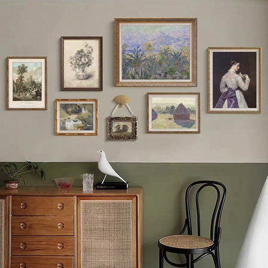 Vintage French Mid-Century Modern Wall Art Set, Retro Gallery Wall Collection, Abstract Dedor for Living Room, Premium Boho Chic Decor for Sofa Background Wall, Entryway & Dining Room, Solid Wood Frame Landscape Paintings