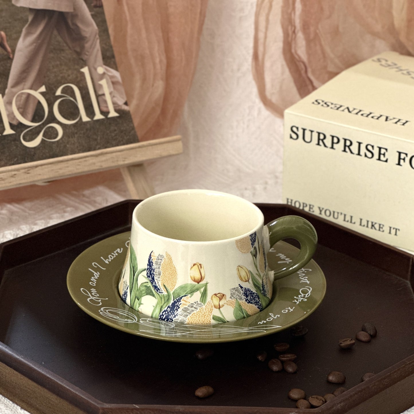 Floral Garden Ceramic Coffee Mug & Saucer Set, Hand-Painted Tea Cup with Gift Box for Women, Elegant Bone China Cup, Luxury Wedding & Housewarming Present