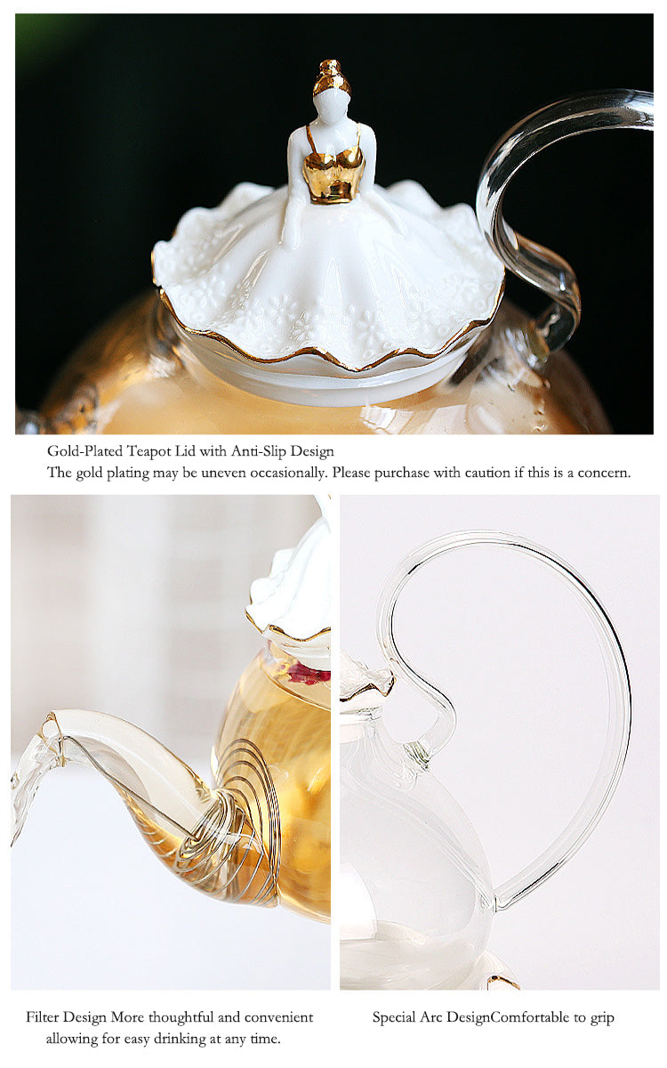 "Luxury English Light Luxury Floral Teapot Set with Candle Warmer Base - Heat-Resistant Glass Afternoon Tea Pot, Fruit & Flower Infuser,  Bohemian style Elegant Tea Service for Home Rituals, Gift-Ready"