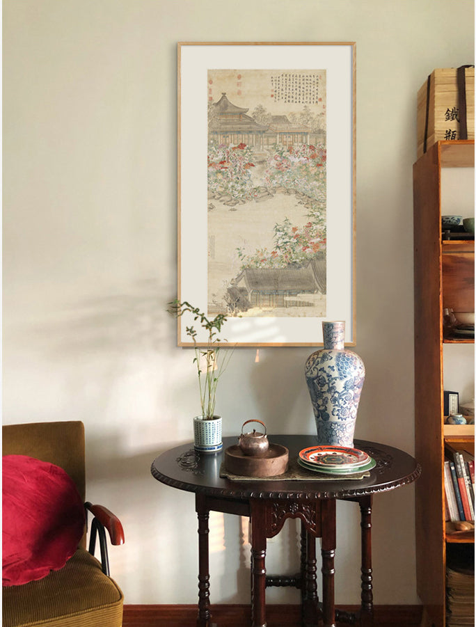 "Zhang Ruoai Qing Dynasty Flower Painting, Chinese Vintage Botanical Wall Art, Asian Ink Wash Canvas Print, Wabi-Sabi Solid Wood Frame, Oriental Living Room Sofa Background Mural, Autumn Poetry Scroll"