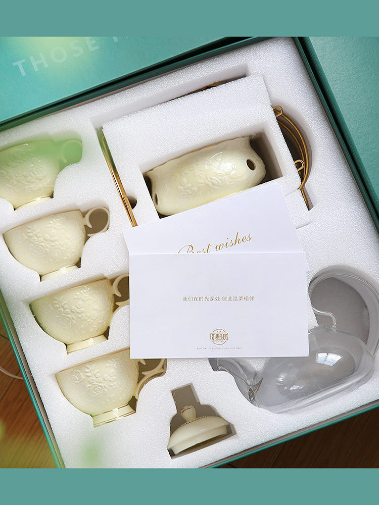 "Luxury English Afternoon Tea Set & European Floral Tea Cup Set - Ceramic & Glass Fruit Tea Pot with Candle Warmer, Boho-Inspired Floral Design, Heat-Resistant, Perfect for Tea Rituals & Gifting"