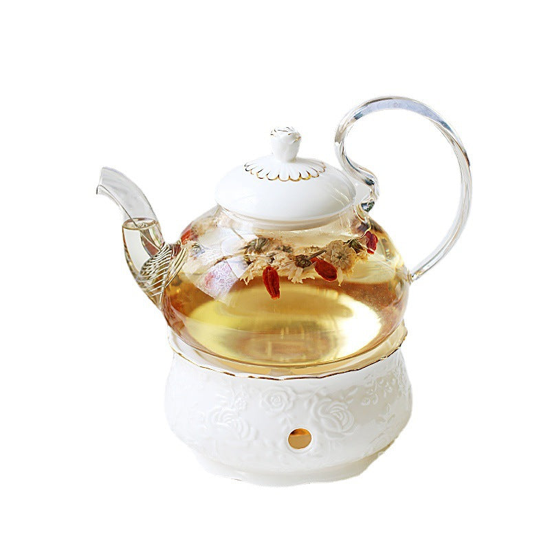 "Luxury English Light Luxury Floral Teapot Set with Candle Warmer Base - Heat-Resistant Glass Afternoon Tea Pot, Fruit & Flower Infuser,  Bohemian style Elegant Tea Service for Home Rituals, Gift-Ready"