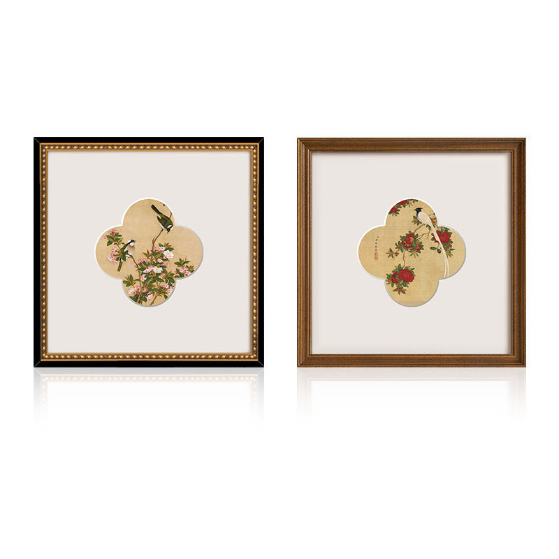 A"Solid Wood  Frame Chinese Gongbi Flower Bird Painting, French Mid-Century Modern Wall Art, New Asian Style Home Decor for Entryway, Living Room, Bedroom, Tea Room, Minimalist Desktop Display Art, Serene Botanical"