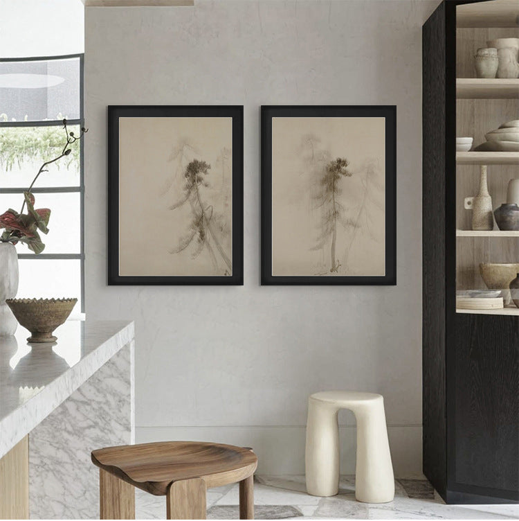 "Wabi-Sabi Pine Forest Wall Art, Mid-Century Modern Chinese Ink Painting, Zen Landscape Canvas Print for Entryway Hallway, Asian Minimalist Scroll, Living Room Sofa Background Mural, Natural Textured Art"