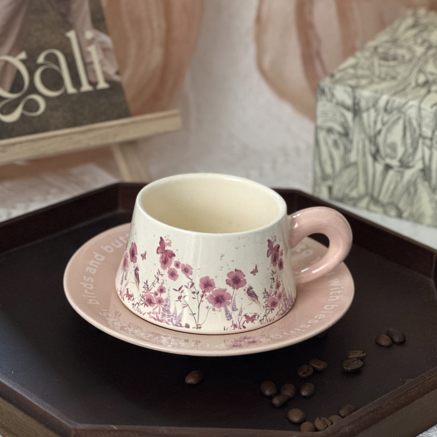 Floral Garden Ceramic Coffee Mug & Saucer Set, Hand-Painted Tea Cup with Gift Box for Women, Elegant Bone China Cup, Luxury Wedding & Housewarming Present