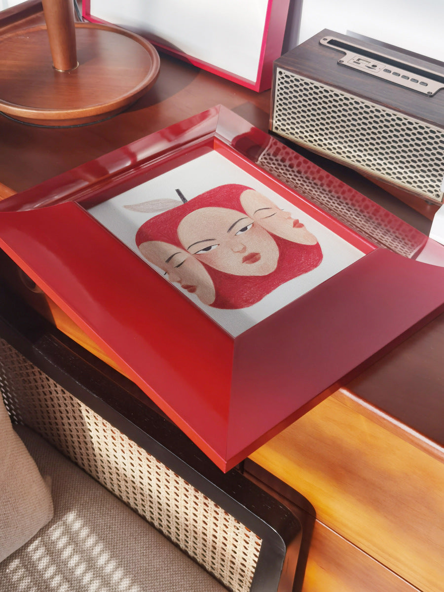 A Red Minimalist Wall Art, Solid Wood Lacquer Framed Canvas Painting, Mid-Century Modern Abstract Art for Living Room Sofa Background, Moody Earth Tones Decor