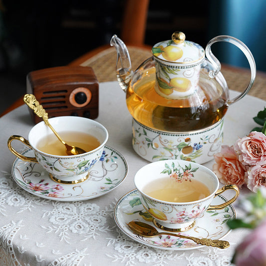 "Bohemian European Floral Tea Cup Set - English Afternoon Tea Ware with Fruit Tea Pot, Candle Warmer Base, Porcelain & Glass Infuser, Vintage Coffee Cup & Saucer, Heat-Resistant, Ideal for Tea Rituals & Gifting"