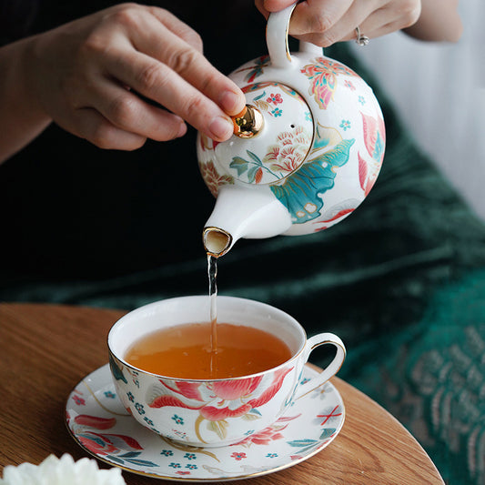 "Luxury Ceramic English Afternoon Tea Set - Chinese-Inspired Nesting Teapot, 1 Teacup & Saucer, Retro Embroidery-Look Design, Elegant Tea Service for Home Rituals & Gift-Giving, BPA-Free Porcelain"