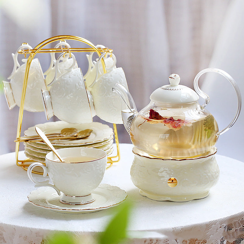 "Luxury English Afternoon Tea Set & European Floral Tea Cup Set - Ceramic & Glass Fruit Tea Pot with Candle Warmer, Boho-Inspired Floral Design, Heat-Resistant, Perfect for Tea Rituals & Gifting"