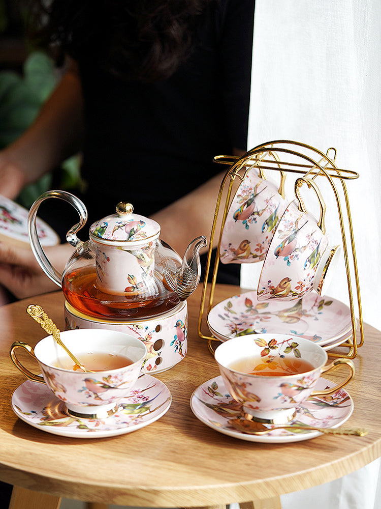 "Luxury Ceramic Afternoon Tea Set with Candle Warmer - English High Tea & French Style, Fruit Infuser Teapot, Floral Teacups, Elegant Tea Service for Home Ambiance & Gift-Giving"