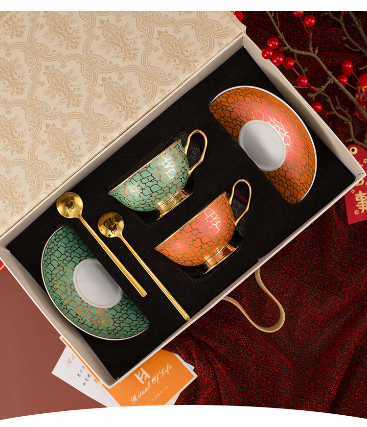 Linguang Bone China Coffee Cup & Saucer Set, Luxury Gold Trimmed Elegant Tea Set for Afternoon Tea, Vintage Ceramic Mugs, Gift Box for Women, Wedding & Housewarming Gift