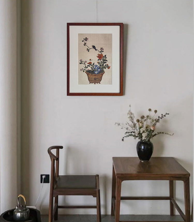 Asian Floral and Bird Artwork - Small Batch New Chinese Style Zen Mural for Living Room, Hallway, Mid-Century Modern Dresser Top Painting, Oriental Home Decoration