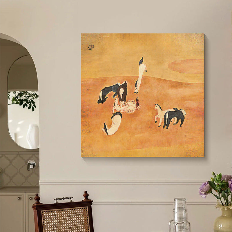 Natural Silk "Group of Horses" Wall Art, French Mid-Century Modern Tapestry, Chinese Oriental Retro Style Living Room Painting, Abstract Equestrian Decor for Bedroom