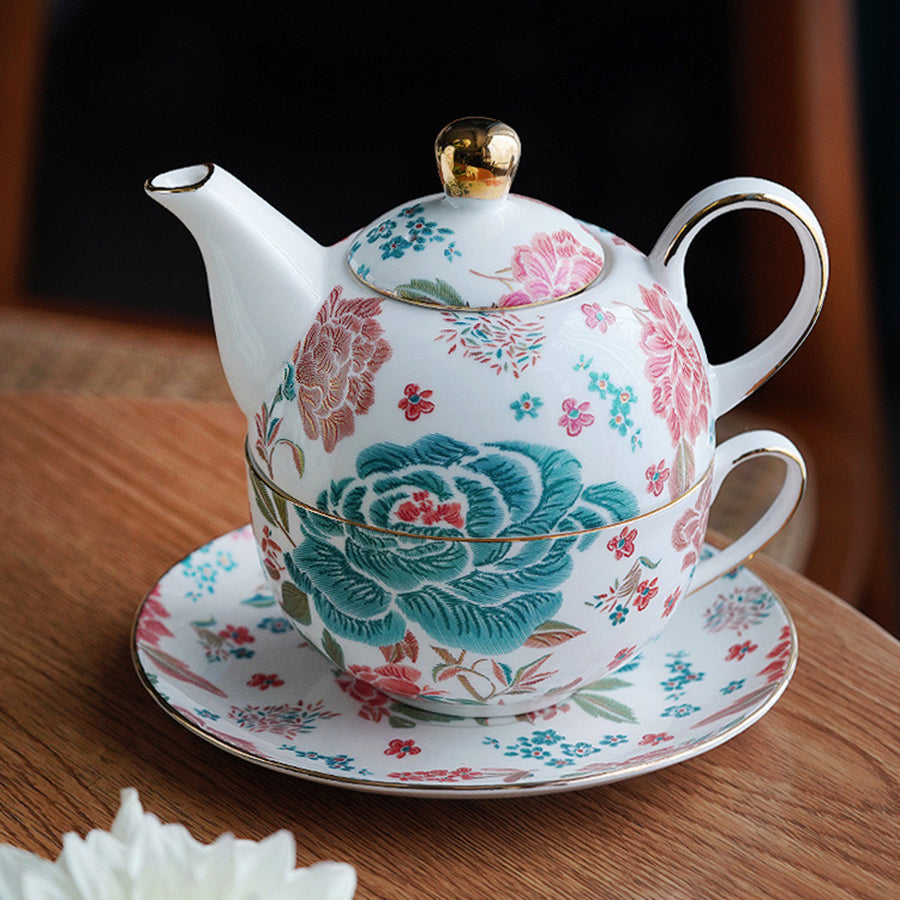 "Luxury Ceramic English Afternoon Tea Set - Chinese-Inspired Nesting Teapot, 1 Teacup & Saucer, Retro Embroidery-Look Design, Elegant Tea Service for Home Rituals & Gift-Giving, BPA-Free Porcelain"
