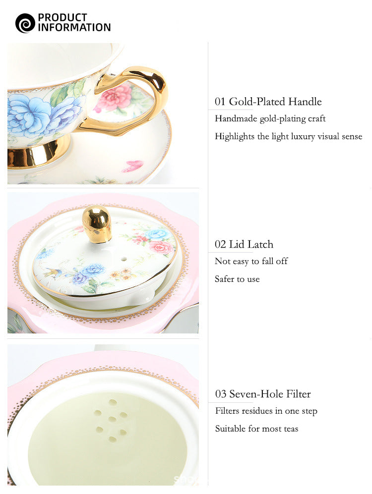 "Luxury Bone China Afternoon Tea Set for One (European Small Luxury) English Low Tea Teapot, Cup & Saucer Set, Exquisite High-End Porcelain Coffee & Tea Service for Elegant Home Entertaining"