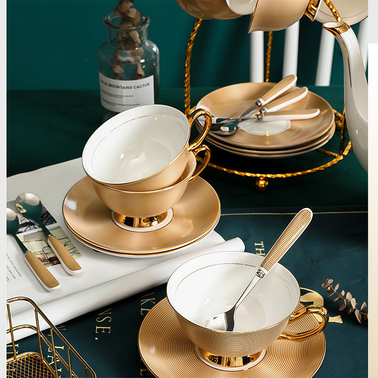 Luxury European/English Style Afternoon Tea Set, High-Glamour Fine Ceramic Coffee Cups & Saucers, Light Luxury Aesthetic Tableware for Home, Customizable Premium Gift Box for Bridal Shower, Housewarming, Microwave Safe - Modern Home Decor