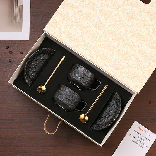 Matte Stone Texture Ceramic Coffee Mug & Saucer Set with Spoon, Retro Rustic Tea Cup, Afternoon Tea Gift Box with Wooden Storage Rack, Cottagecore Aesthetic