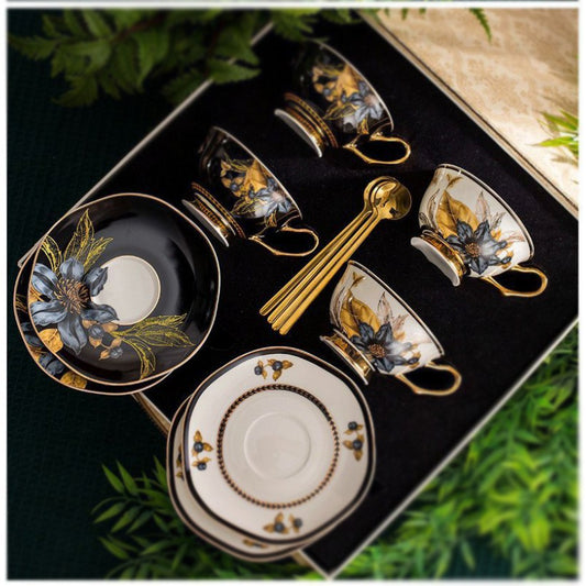 Vintage Luxury Bone China Coffee Mug & Saucer Set, Elegant Ceramic Couple Cups with Gold Trim, Gift Box for Afternoon Tea, Retro Wedding & Housewarming Present