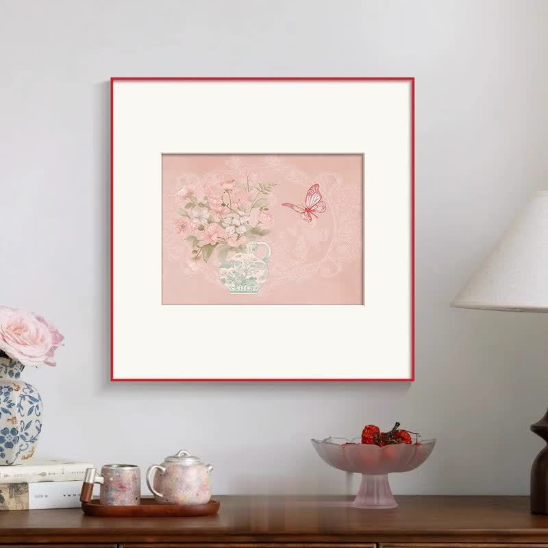 "Elegant Porcelain Butterfly" Natural Silk Fabric French Floral Wall Art, Chinoiserie Ceramic Painting for Dining Room Sideboard, Mid-Century Modern Girls Room Decor, Blue White Vase Canvas Print