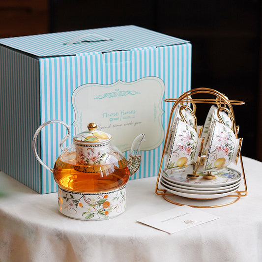 "Bohemian European Floral Tea Cup Set - English Afternoon Tea Ware with Fruit Tea Pot, Candle Warmer Base, Porcelain & Glass Infuser, Vintage Coffee Cup & Saucer, Heat-Resistant, Ideal for Tea Rituals & Gifting"