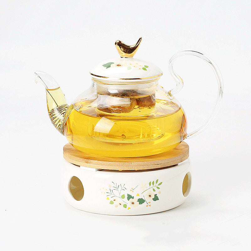 "Luxury English Light Luxury Floral Teapot Set with Candle Warmer Base - Heat-Resistant Glass Afternoon Tea Pot, Fruit & Flower Infuser,  Bohemian style Elegant Tea Service for Home Rituals, Gift-Ready"
