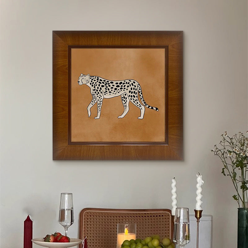"Money Leopard" French Mid-Century Modern Wall Art Set, Solid Wood Frame Gallery Canvas Prints, Luxury Safari Animal Painting for Living Room Sofa Background Wal