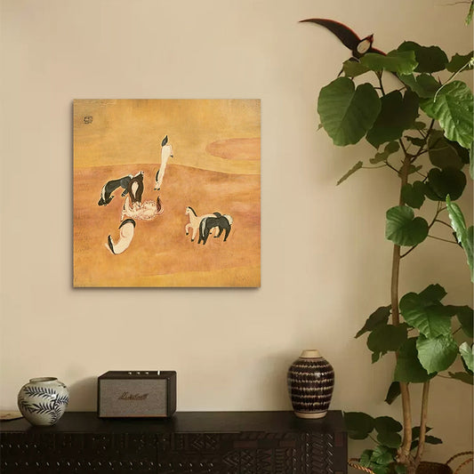 Natural Silk "Group of Horses" Wall Art, French Mid-Century Modern Tapestry, Chinese Oriental Retro Style Living Room Painting, Abstract Equestrian Decor for Bedroom