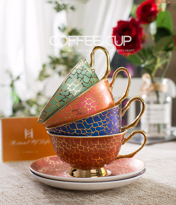 Linguang Bone China Coffee Cup & Saucer Set, Luxury Gold Trimmed Elegant Tea Set for Afternoon Tea, Vintage Ceramic Mugs, Gift Box for Women, Wedding & Housewarming Gift