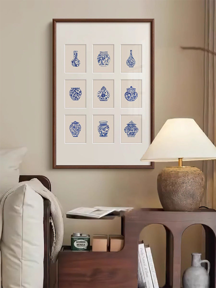 "Sino-French Blue White Porcelain Vase Wall Art, Modern Chinoiserie Canvas Print, Oriental Aesthetic Framed Painting for Living Room, Dining Room, Entryway Decor, Luxury Botanical Floral Hanging Art"