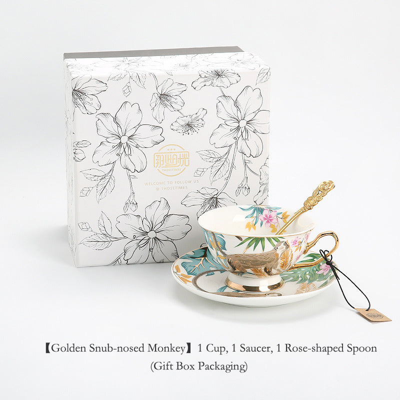 Luxury Bohemian Style Coffee Mug Set, Ceramic Tea Cups and Saucers for Couples Gift, Forest Animal Series Floral Design, Elegant English Afternoon Tea European Style Bone China Set