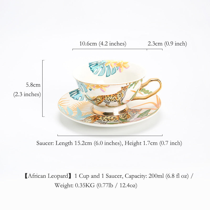 Luxury Bohemian Style Coffee Mug Set, Ceramic Tea Cups and Saucers for Couples Gift, Forest Animal Series Floral Design, Elegant English Afternoon Tea European Style Bone China Set