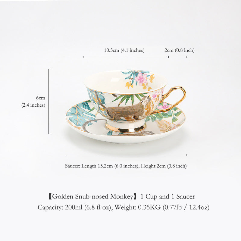 Luxury Bohemian Style Coffee Mug Set, Ceramic Tea Cups and Saucers for Couples Gift, Forest Animal Series Floral Design, Elegant English Afternoon Tea European Style Bone China Set