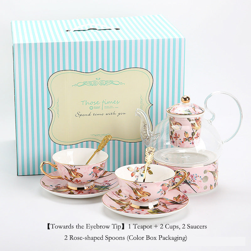 "Luxury Ceramic Afternoon Tea Set with Candle Warmer - English High Tea & French Style, Fruit Infuser Teapot, Floral Teacups, Elegant Tea Service for Home Ambiance & Gift-Giving"