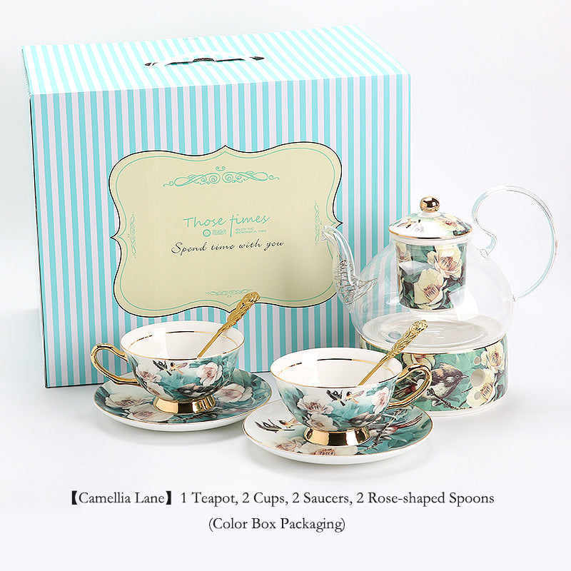 "Luxury Ceramic Afternoon Tea Set with Candle Warmer - English High Tea & French Style, Fruit Infuser Teapot, Floral Teacups, Elegant Tea Service for Home Ambiance & Gift-Giving"