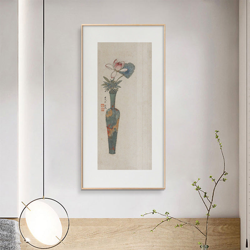 Z"Chinese Vase Flower Painting, Zen Oriental Wall Art for Bedroom Headboard, Vertical Japanese Scroll, Asian Botanical Print, Tranquil Dining Room Mural, Ink Wash Floral Canvas"