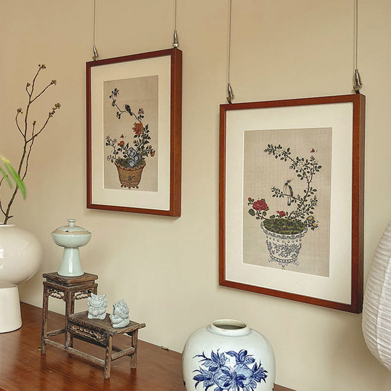 Asian Floral and Bird Artwork - Small Batch New Chinese Style Zen Mural for Living Room, Hallway, Mid-Century Modern Dresser Top Painting, Oriental Home Decoration