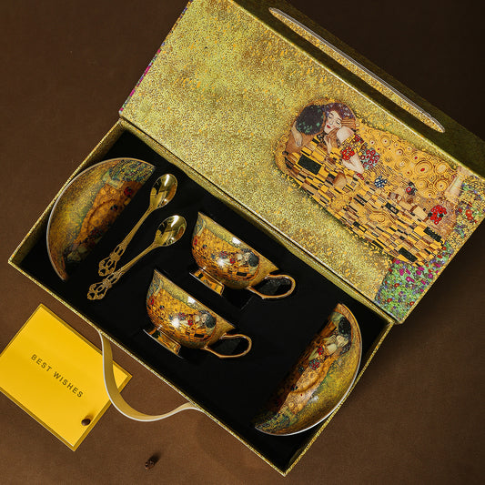 Vintage French/English Style Fine Bone China Coffee Cup & Saucer Set, Romantic Kiss Motif Ceramic Tableware, Elegant Afternoon Tea Cups, Microwave Safe, Premium Gift Box for Wedding, Mother's Day & Home Decor