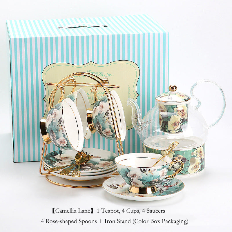 "Luxury Ceramic Afternoon Tea Set with Candle Warmer - English High Tea & French Style, Fruit Infuser Teapot, Floral Teacups, Elegant Tea Service for Home Ambiance & Gift-Giving"