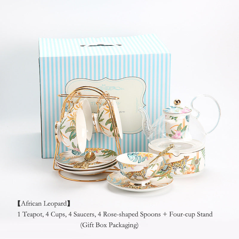 Luxury Bohemian Style Coffee Mug Set, Ceramic Tea Cups and Saucers for Couples Gift, Forest Animal Series Floral Design, Elegant English Afternoon Tea European Style Bone China Set