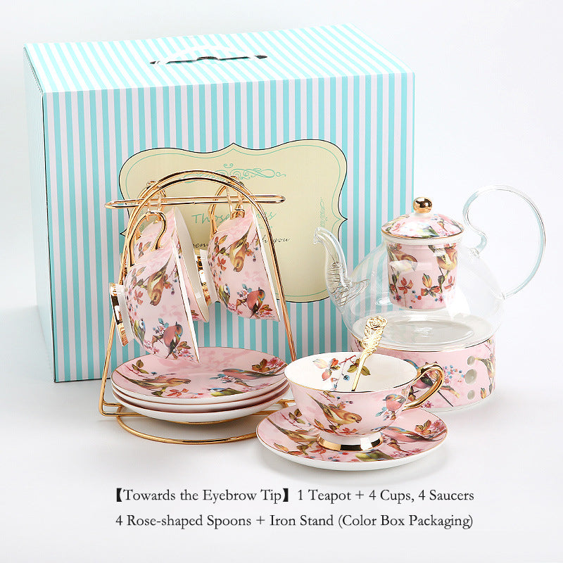 "Luxury Ceramic Afternoon Tea Set with Candle Warmer - English High Tea & French Style, Fruit Infuser Teapot, Floral Teacups, Elegant Tea Service for Home Ambiance & Gift-Giving"