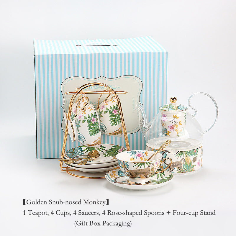 Luxury Bohemian Style Coffee Mug Set, Ceramic Tea Cups and Saucers for Couples Gift, Forest Animal Series Floral Design, Elegant English Afternoon Tea European Style Bone China Set