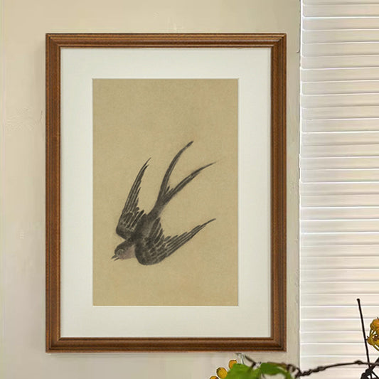 Solid Wood Frame Vintage Chinese Swallow Decor, Mid-Century Modern Oriental Bird Painting, Natural Botanical Wall Art for Living Room Office, Zen Tea House Hotel Background Mural