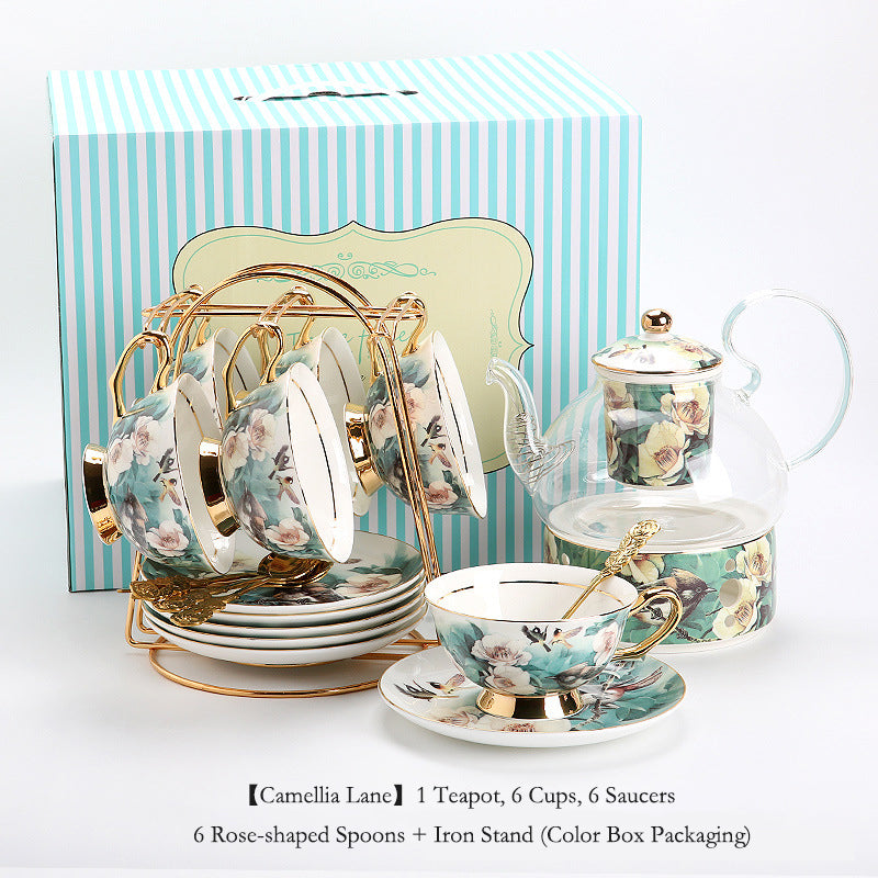 "Luxury Ceramic Afternoon Tea Set with Candle Warmer - English High Tea & French Style, Fruit Infuser Teapot, Floral Teacups, Elegant Tea Service for Home Ambiance & Gift-Giving"