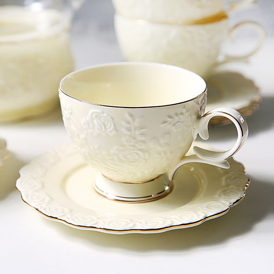 "Luxury European Ceramic Coffee Cup & Saucer Set - Bohemian Tea Cup Set, English Afternoon Tea Cups, Vintage Floral Embossed Design with Gold Trim, Ideal for Tea Parties & Home Decor"