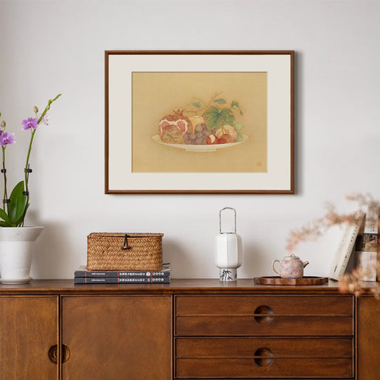 Solid wood frame"Chinese Style Pomegranate Bird Wall Art, Vintage Botanical painting for Entryway Dresser, Rustic Wood Frame Dining Room Painting, Oriental Decorative Art with Grapes and Florals, Mid-Century Modern Zen Decor"